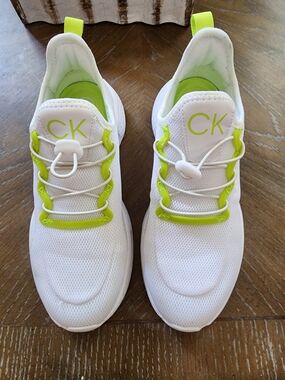 Calvin Klein White Sneakers with Neon Lime Accents - Womens